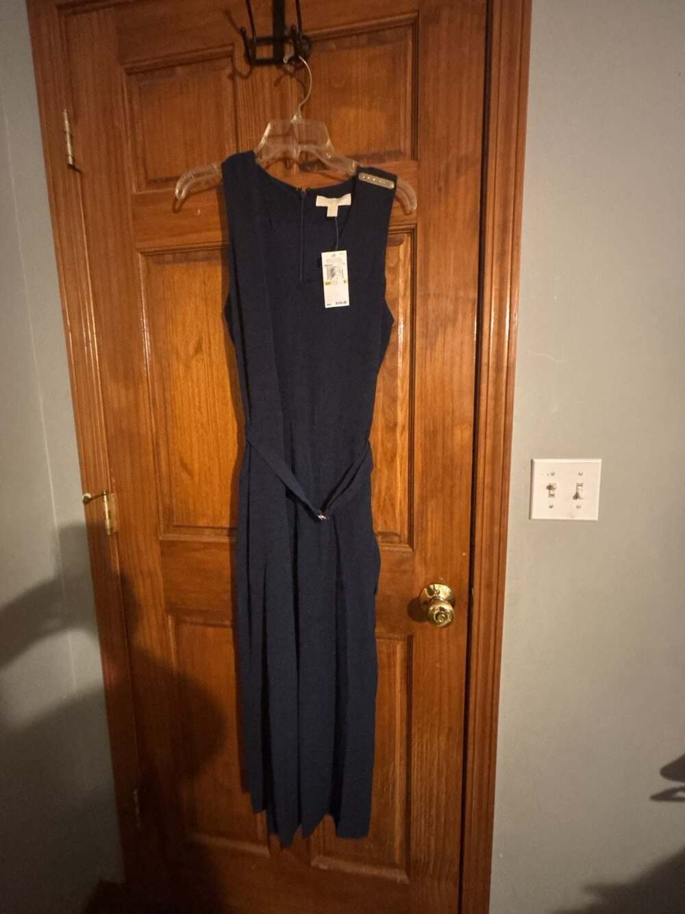 Michael Kors Navy Blue Sleeveless Belted Jumpsuit with Gold Hardware Accent